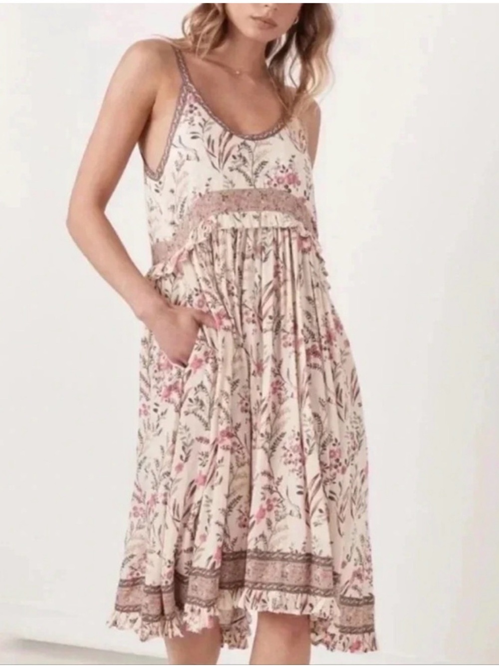 Spell Blush Floral Lace-Trim Midi Dress